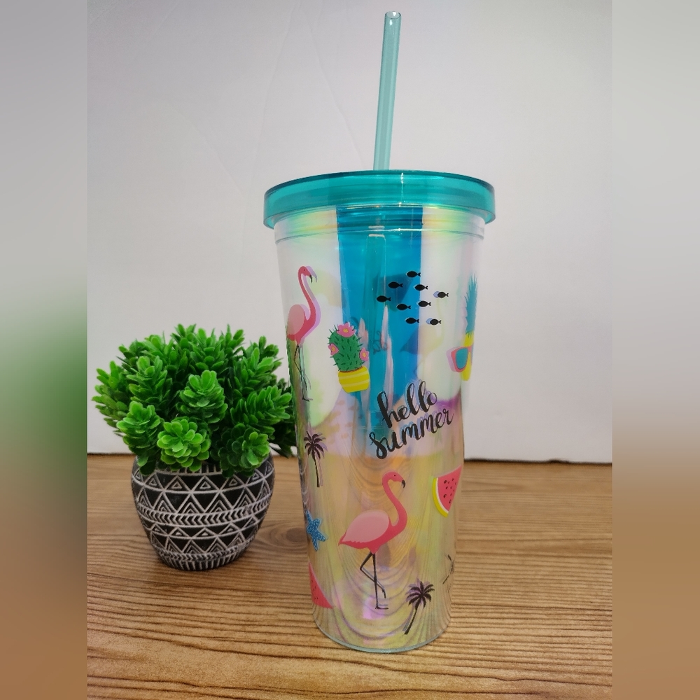 Tumbler 23oz.Double Wall Insulation Print Cup With Straw And Lid